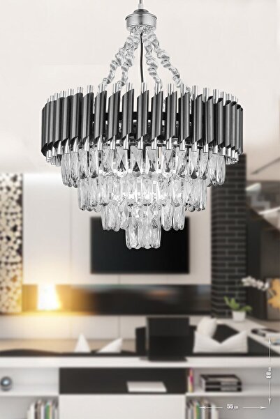Avizemoda Palmira 55'lik Prizma Kesim Kristal Taşlı Lüks Avize - (siyah-krom)