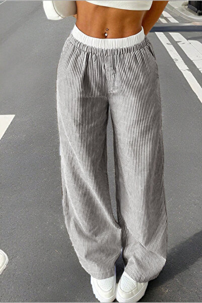 The Champ Clothing Women's Beige Striped Poplin Woven Trousers – High Waist Elastic Wide Leg Comfortable Model