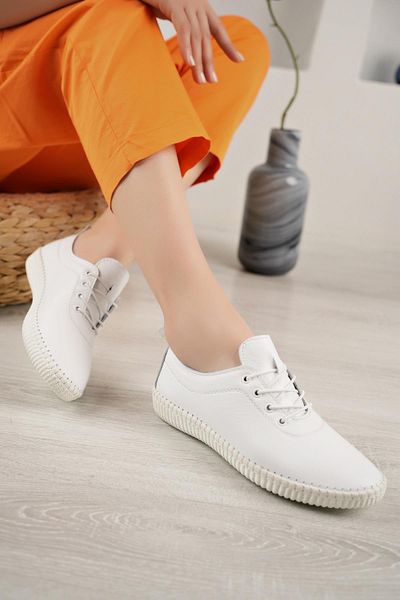 BORDOLLI 004 White Genuine Leather Stitched Women's Shoes