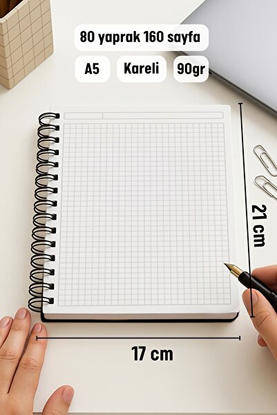 Eldesen Tasarım A5 Spiral Thick Cover Checkered Notepad, 80 Sheets 160 Pages, Autumn Leaves