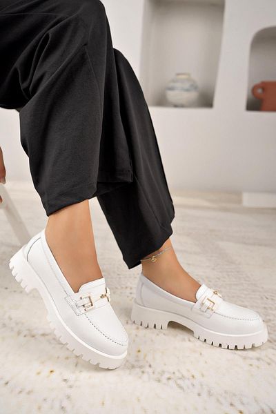 Nesil Shoes Diva 2854 White Genuine Leather Buckle Women's Shoes