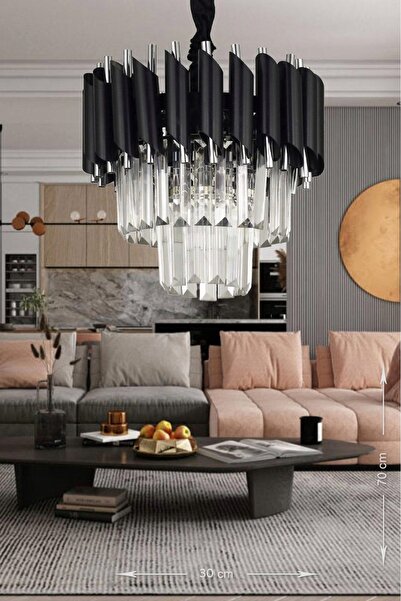 Avizemoda Palmira 30'luk Kristal Taşlı Lüks Avize - (SİYAH-KROM)