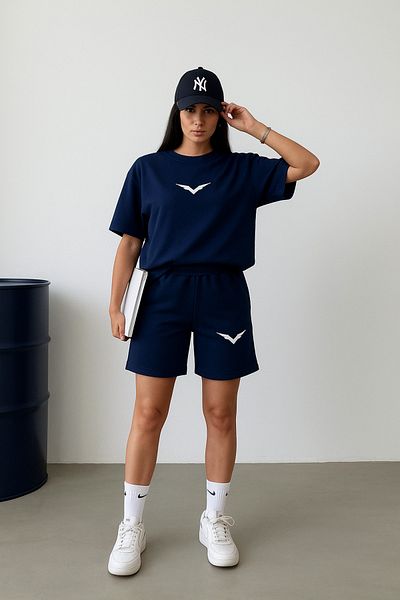 DUBU BUTİK Wing T-shirt Σορτς - Navy Blue Bottom Top Συνδυασμός Σορτς T-Shirt Κοστούμι με στάμπα Oversize Crew Neck