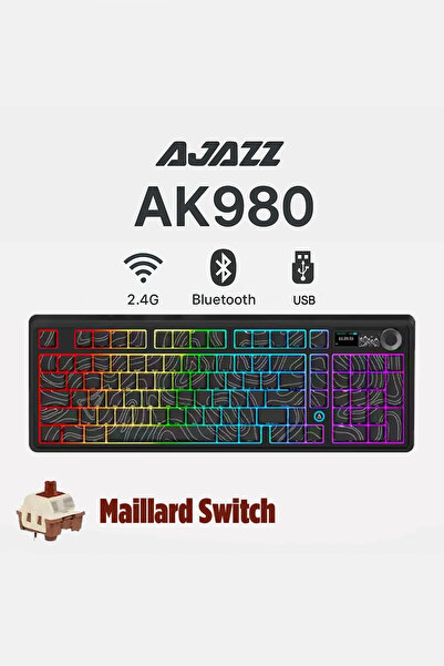 Ajazz AK980 3 Modlu Hot-Swap TFT Ekranlı Mekanik Oyun Klavyesi-8.000 Mah Batarya Dinamik RGB
