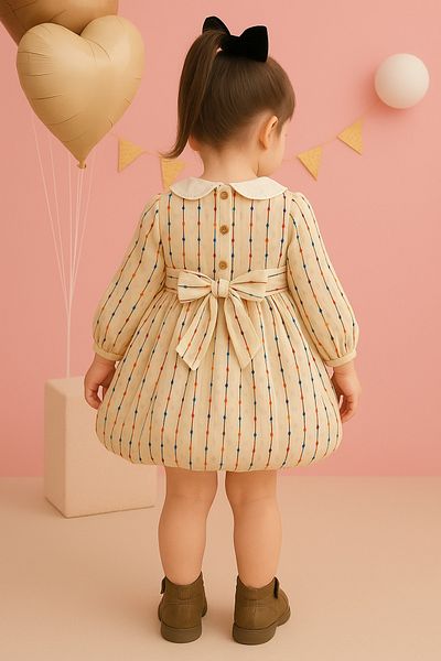ESİLA KİDS Girls' Dress Brode Collar Striped Balloon Skirt Dress Long Sleeve Belted 3-7 Years