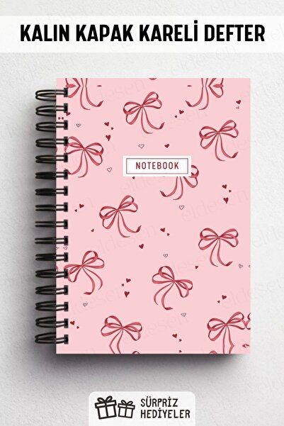Eldesen Tasarım A5 Spiral Thick Cover Checkered Notepad, 80 Sheets 160 Pages, Pink Bow