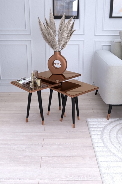 ysnn aksesuar LİVA 3'LÜ BAKIR-SİYAH RENK BRONZ AYNALI ZİGON SEHPA TAKIMI