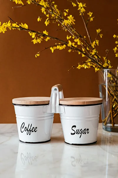 Arma House Set of 2 Coffee and Sugar Jars with Holding Handles and Wooden Lid