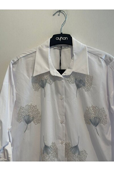 AYHAN Bead Embroidered Foldable Sleeve Cotton Shirt