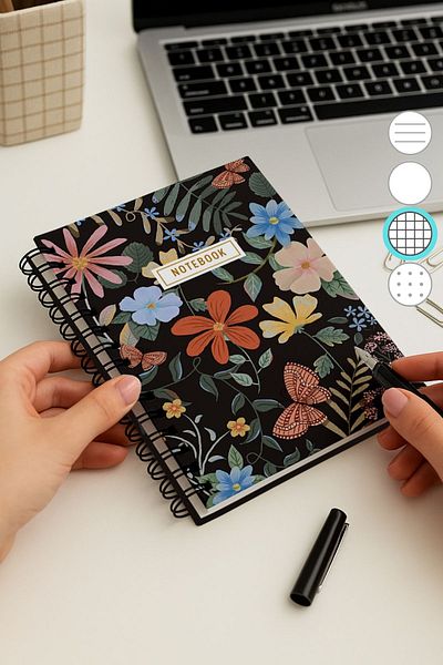 Eldesen Tasarım A5 Spiral Thick Cover Checkered Notepad, 80 Sheets 160 Pages, Butterfly