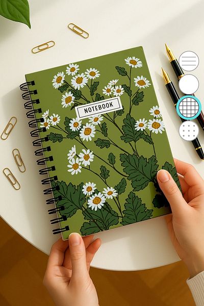 Eldesen Tasarım A5 Spiral Thick Cover Checkered Notepad, 80 Sheets 160 Pages, Green Daisy