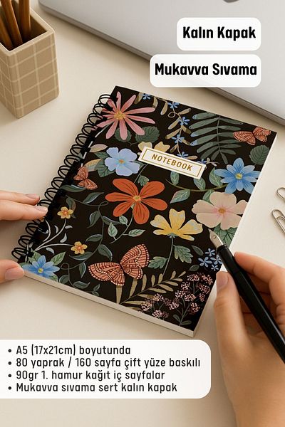 Eldesen Tasarım A5 Spiral Thick Cover Checkered Notepad, 80 Sheets 160 Pages, Butterfly