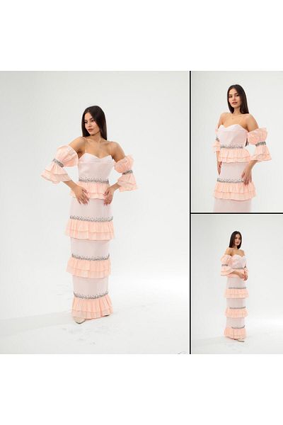 Robes Γυναικείο βραδινό φόρεμα με διάφανο λουράκι στράπλες βολάν και λεπτομέρεια με κέντημα