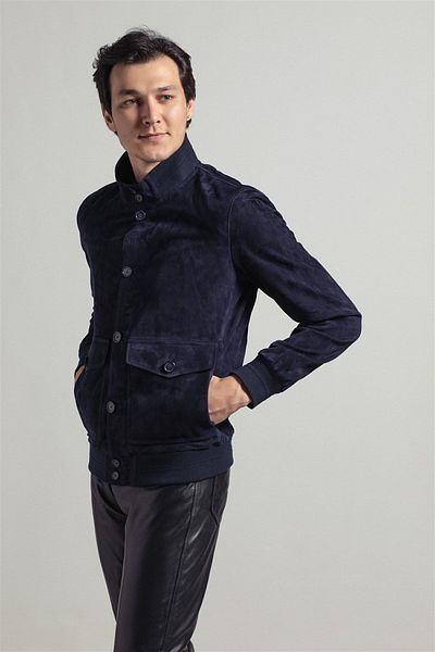 Deriderim Navy Blue Knox Men's Buttoned Lined Waist and Sleeve Knitwear College Genuine Suede Coat