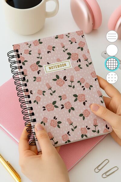 Eldesen Tasarım دفتر ملاحظات مربع بغطاء سميك حلزوني مقاس A5، 80 ورقة 160 صفحة، زهور وردية