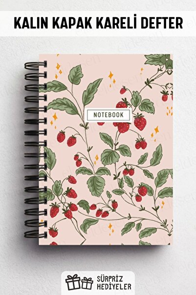 Eldesen Tasarım A5 Spiral Thick Cover Checkered Notepad, 80 Sheets 160 Pages, Pink Strawberry