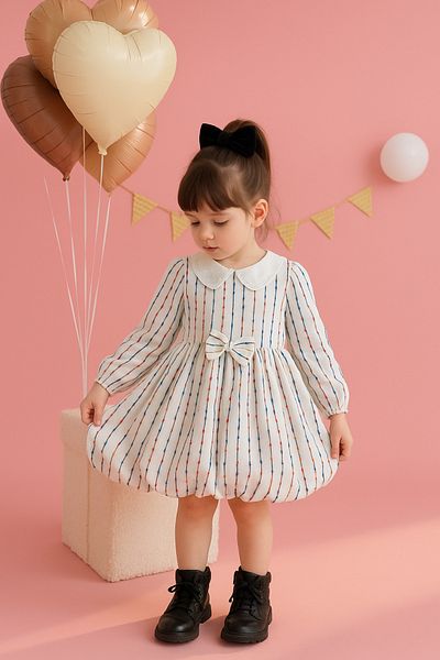 ESİLA KİDS Girls' Dress Brode Collar Striped Balloon Skirt Dress Long Sleeve Belted 3-7 Years