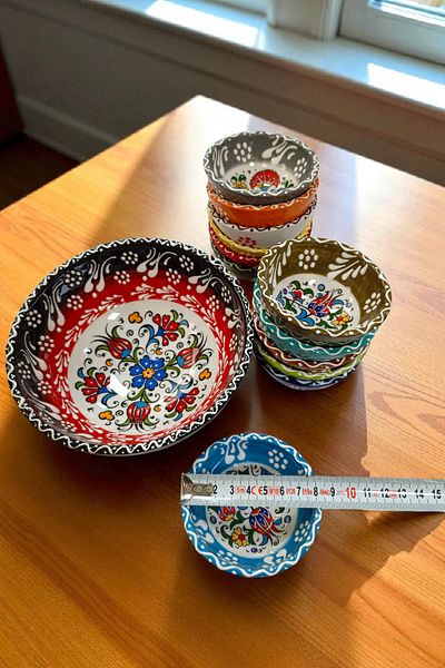 Salizera 1 Piece 16 cm + 12 Pieces 8 cm Total 13 Pieces Handmade Tile Motif Ceramic Bowl Set