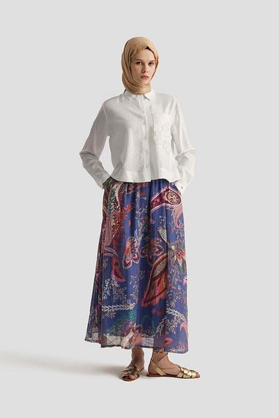 Armine TREND Patterned Elastic Waist Lined Skirt and Floral Embroidered Shirt Collar Blouse Bottom-Top Set with Chest Pocket
