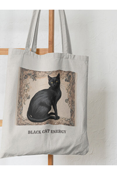 junobi Fermuarlı Beyaz Bez Çanta – Kedi Desenli Kumaş Çanta – Günlük Kullanım...