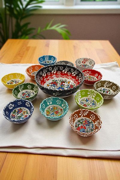 Salizera 1 Piece 16 cm + 12 Pieces 8 cm Total 13 Pieces Handmade Tile Motif Ceramic Bowl Set