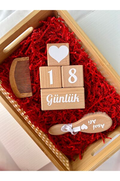 mogokids Anne bebek anı küpü isimli bebek doğal keçı kılı saç fırçası ve şimşir ahşap tarak