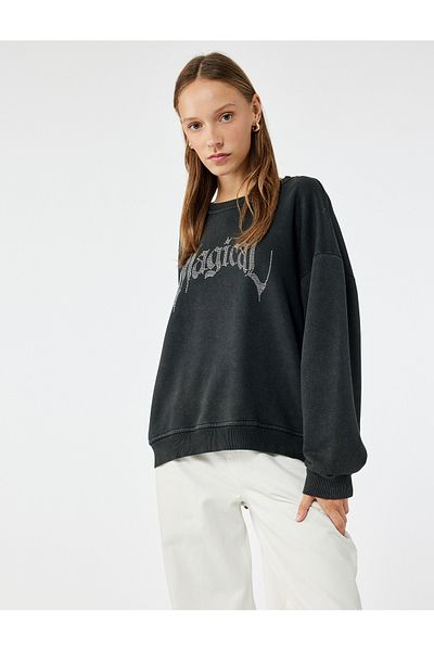 Koton Raised Long Sleeve Crew Neck Stone Printed Oversize Sweatshirt