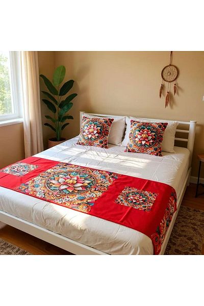 GMhome Red Mandala Patterned Digital Printing Bed Runner and Throw Pillow Cover Set
