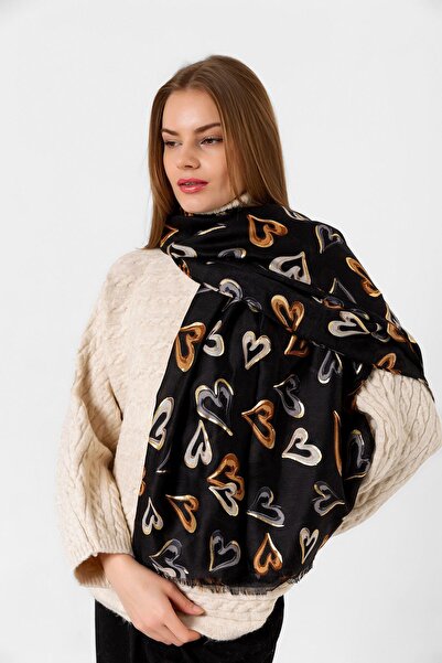 Axesoire 15054 Μαύρο σάλι με μοτίβο καρδιάς με φύλλα και φούντες