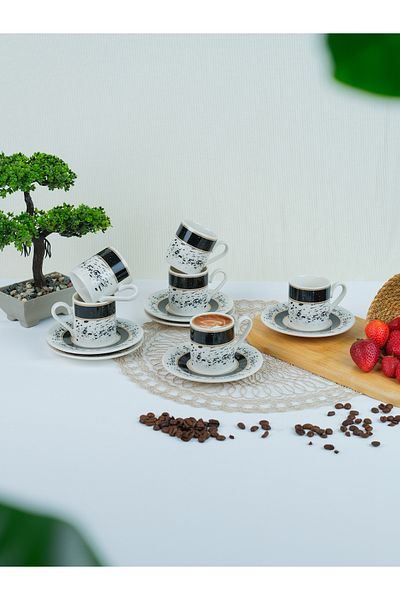 AEN PORSELEN Alaca Coffee Cup Set 12 Pieces for 6 Persons