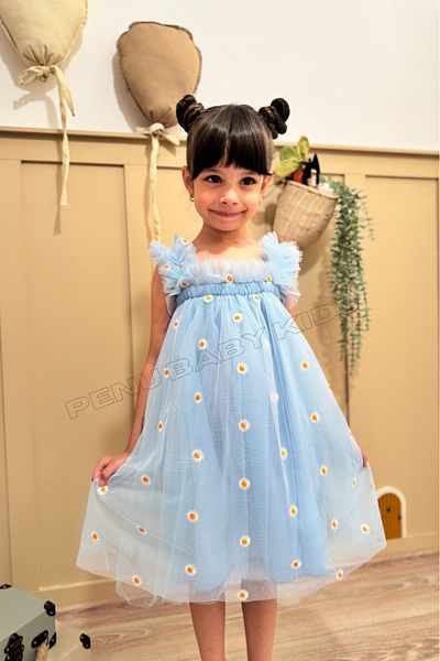 penu baby kids Blue Embroidery Daisy Embroidered Strap Baby Girl & Girl Dress - Margarita