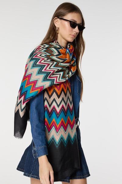 Axesoire 15080 Zizgaz Patterned Black Blue Shawl