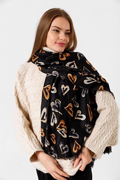 Axesoire 15054 Μαύρο σάλι με μοτίβο καρδιάς με φύλλα και φούντες