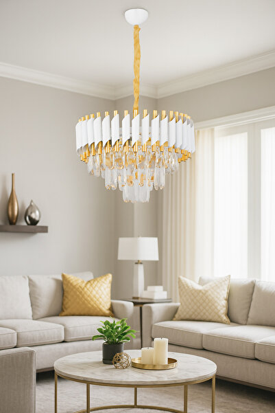 Avizemoda Palmira 45 lik Prizma Kesim Kristal Taşlı Lüks Salon Avize - (Beyaz Gold)