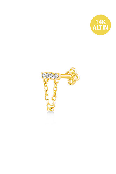 KURSHUNI Line (4 Taş) Zincirli, 14KAltın Kıkırdak Küpe/Piercing (TEK Satılır) Bar Uzunluğu:6,5 mm