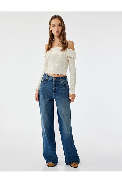 Koton Slim Fit Textured Off-The-Shoulder Long Sleeve T-Shirt