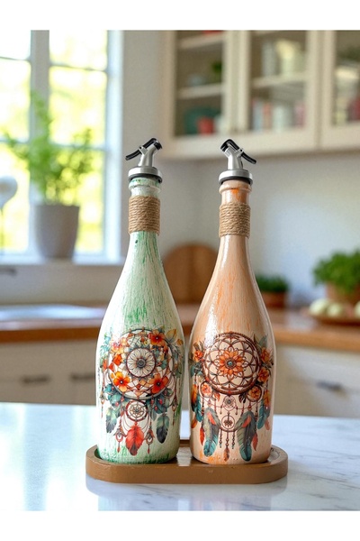 Mes Reves Special Design Dream Catcher Patterned 2-Piece 750 ml Olive Oil Liquid Bottle with Presentation Stand Oil Pot