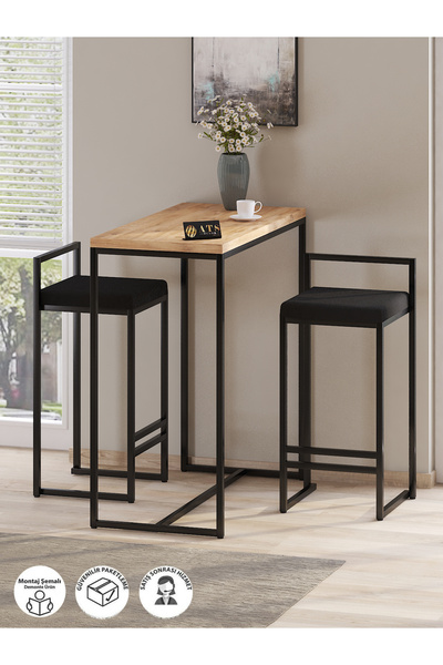 ATS Dekor BARVİA, 2'Li Bar Masa Takımı, Metal Ayaklı, Mutfak Masası, Siyah At...