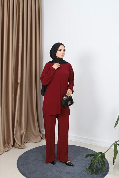 NİSUM MODA Διπλό Σετ με Παντελόνι Κρασί