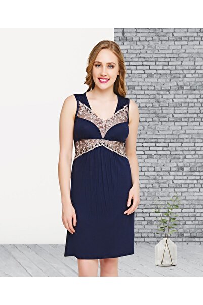 Cotpark 10334-b Navy Blue Lace Large Size Nightgown