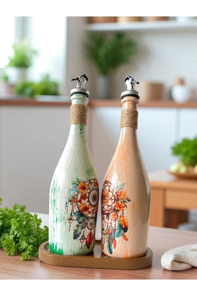 Mes Reves Special Design Dream Catcher Patterned 2-Piece 750 ml Olive Oil Liquid Bottle with Presentation Stand Oil Pot
