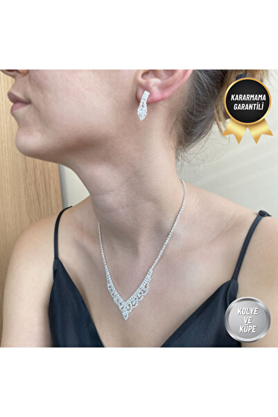 nerora Zirkon Taşlı Abiye Düğün Seti Kare Pırlanta Su Yolu Çelik Gümüş Kaplam...