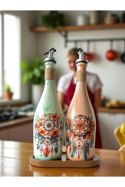 Mes Reves Special Design Dream Catcher Patterned 2-Piece 750 ml Olive Oil Liquid Bottle with Presentation Stand Oil Pot