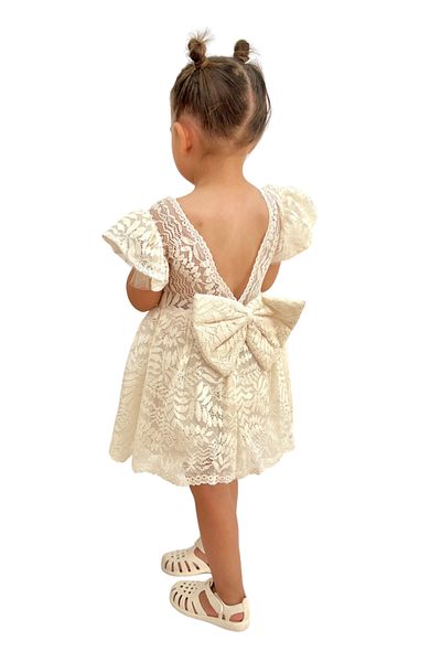2kids2mom Rochie pentru fetiță, cu mânecă scurtă, cu fundă, cu dantelă, cu mânecă scurtă, pentru sărbători și ocazii speciale