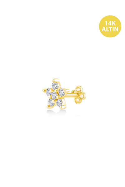 KURSHUNI Çiçek (2mm Taşlı Tırnaklı), 14 Ayar Altın Kıkırdak Küpe/Piercing (TEK Satılır) Bar Uzunluğu:6,5 mm