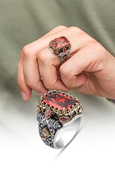 ALYANSEVİM Kırmızı Taşlı 925 Erkek Gümüş Yüzük Erkek