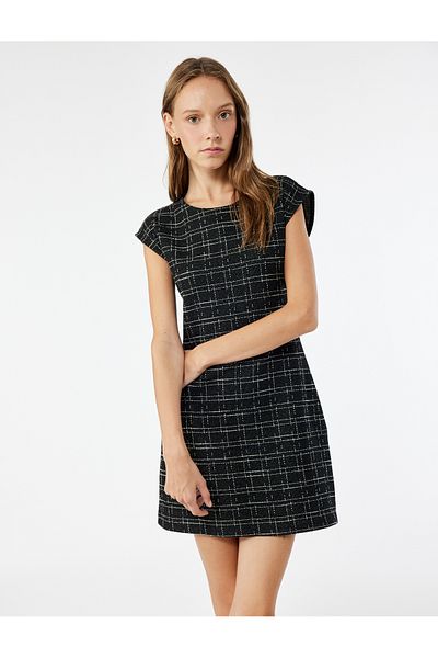 Koton Μίνι φόρεμα με λαιμόκοψη αμάνικο Tweed