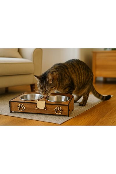 EMSE Double Wooden Steel Paw Patterned Food Bowl