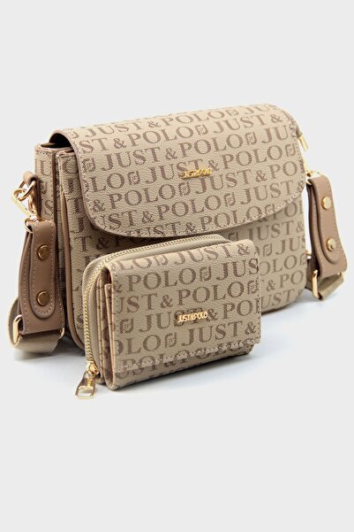 Just Polo Yeni Sezon Kolon Askılı 4 Bölmeli Vizon Kadın Omuz Çantası ve Cüzdan Kombini PBU217402