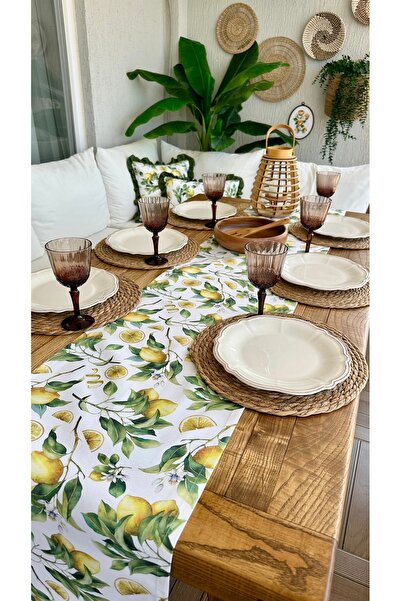 Decamor home Limon Desenli Leke Tutmaz Sarı Yeşil Runner DertsiZ Kumaş